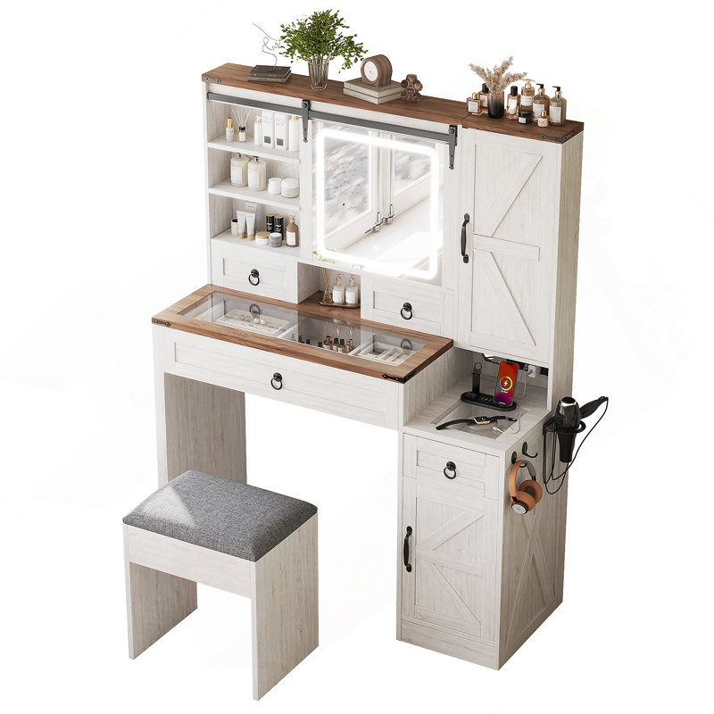 Farmhouse Vanity Desk With Sliding Mirror And Lights, Glass Top, Charging Station, 4 Drawers, 2 Cabinets, And Stool For Elegant Bedroom Decor