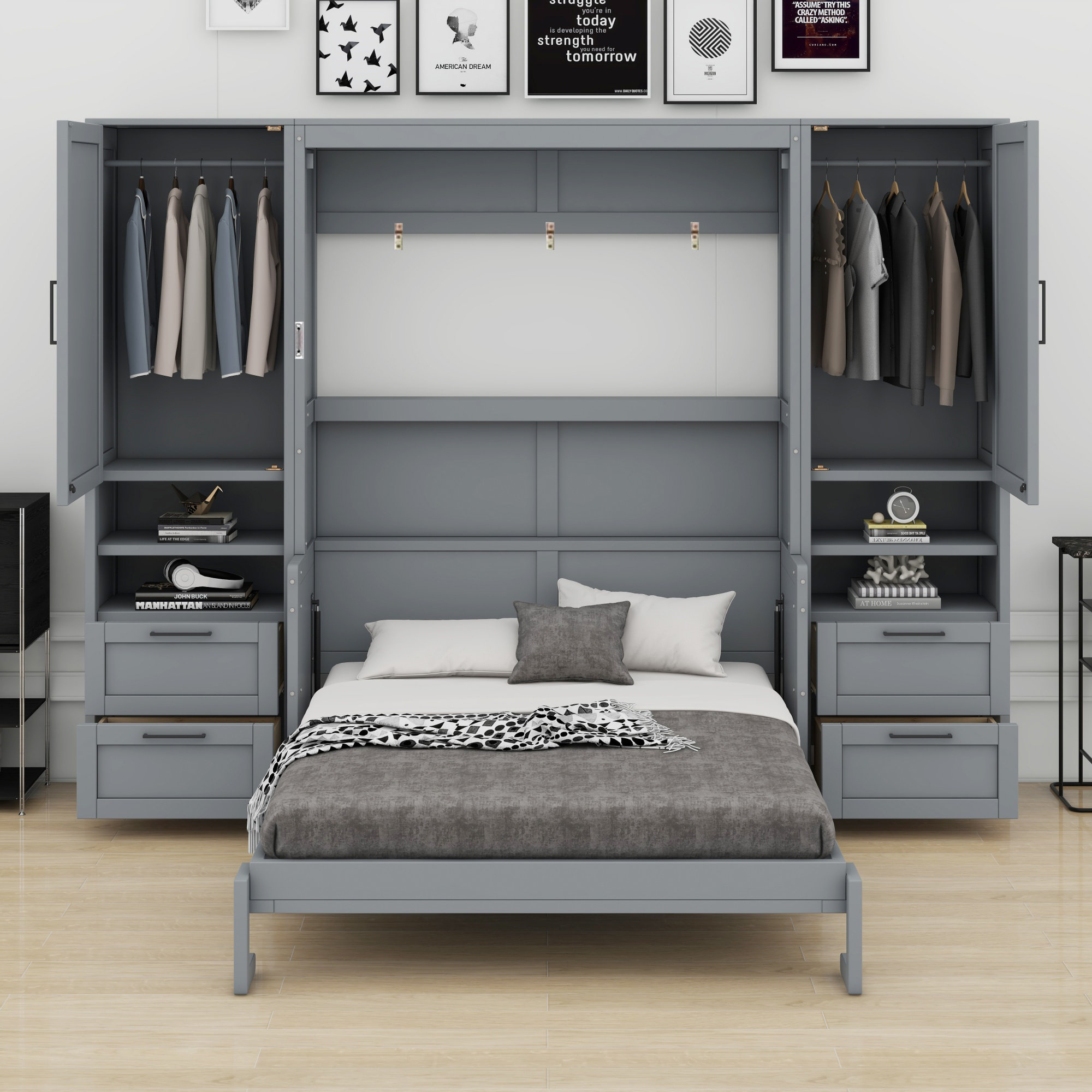 Red Barrel Studio® Murphy Bed Wall Bed With Closet ,Drawers And Shelves ...