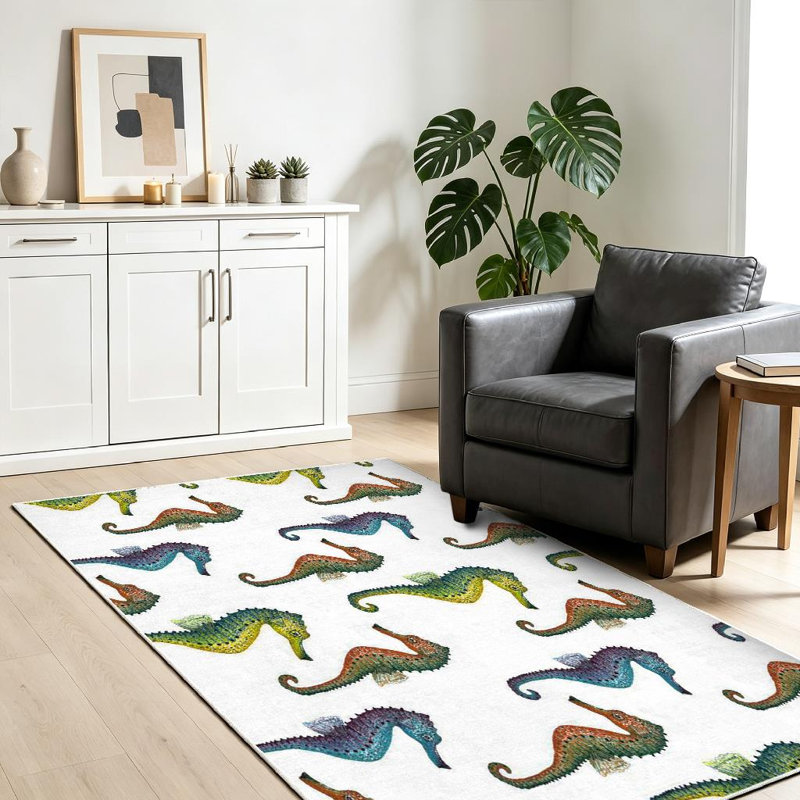 Tapis bleu, bleu, hippocampe et aquarelle, Rectangle 39" x 63"