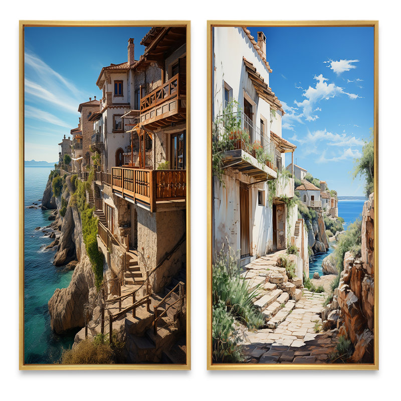 «Espagne Azure Coastline Village», 2 pièces, Encadrement doré, H 24 po x l 20 po
