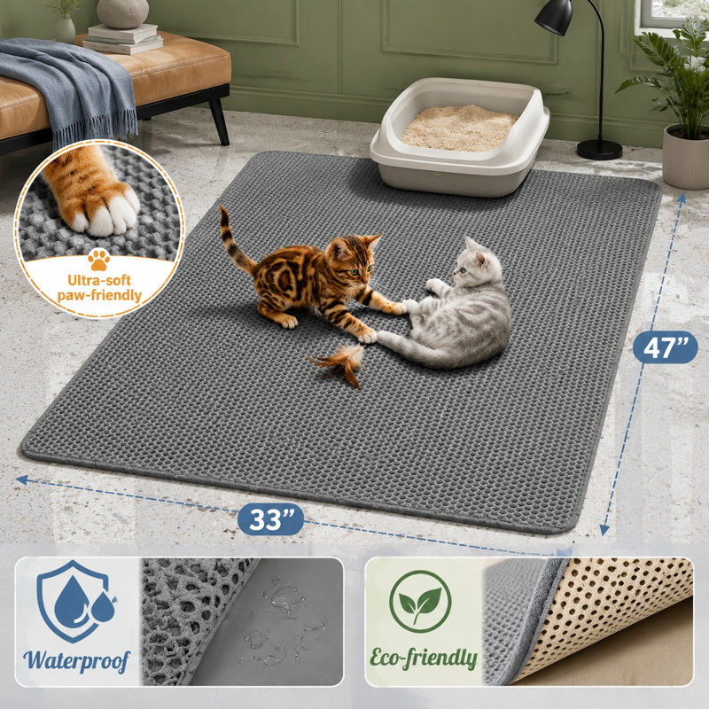 Sized at 47 x 33 in, this gray XL cat litter mat pairs a large double-layer honeycomb design with a soft litter-trapping surface; it is urine-proof and can be cleaned easily by rinsing with water.