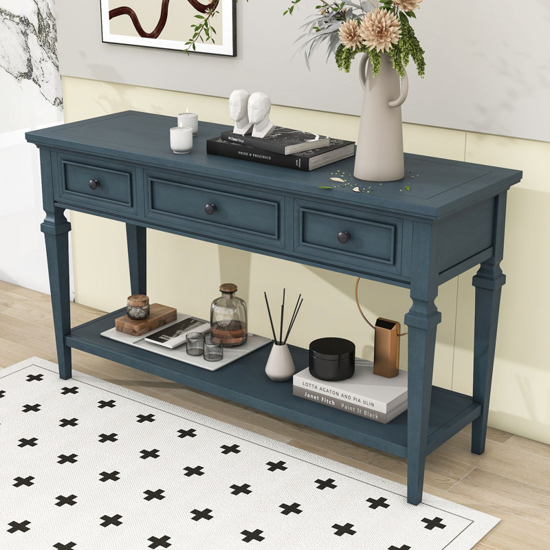 Tolgahan Retro Wooden Console Table with Storage Drawers and Shelf for Living Room, Navy