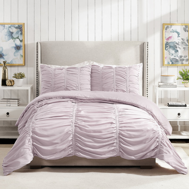 Emily Ruched Solid Textured Comforter Set, Twin/Twin XL Comforter + 1 Standard Sham, Purple