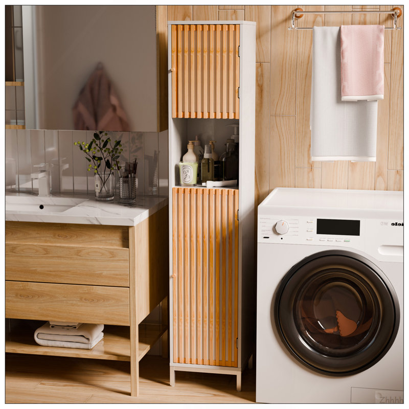 Grande armoire de rangement pour salle de bain avec porte en lattes de bambou - naturel / blanc