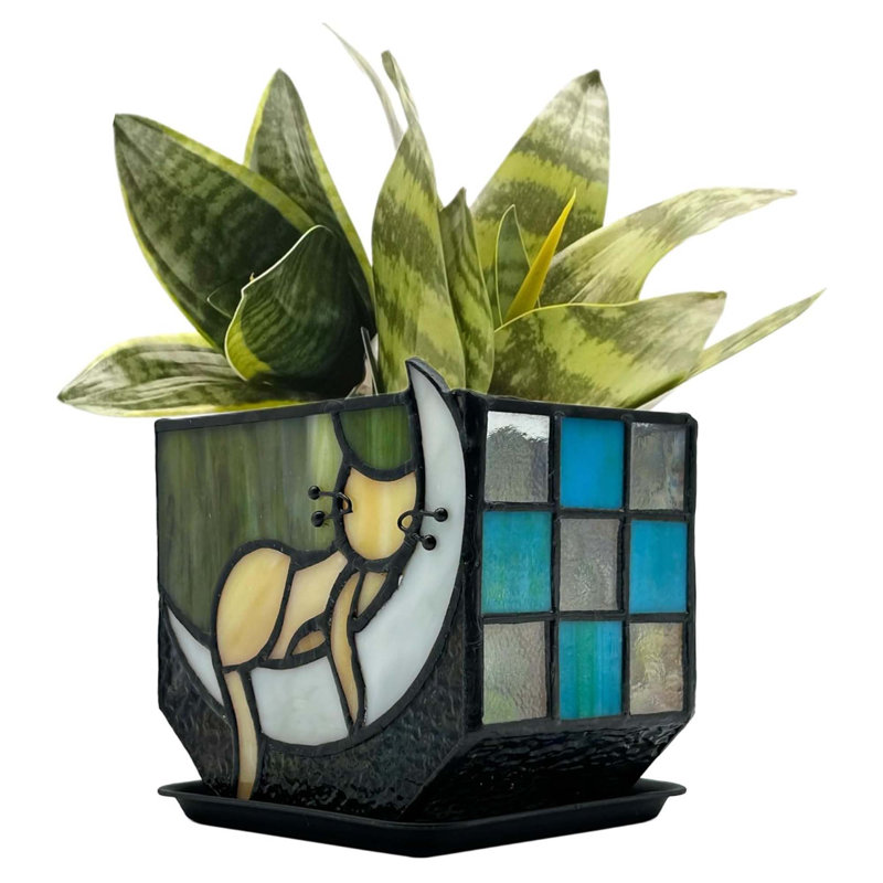 Stained Glass Moon Cat Planter, Indoor Cactus Pot, Decorative For Small Plants, 4.6x3x5.15 Inch
