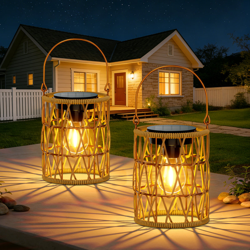 10'' Solar Lanterns Outdoor Waterproof, Natural Hand Woven Solar Rattan Lanterns For Outside Hanging With Handle
