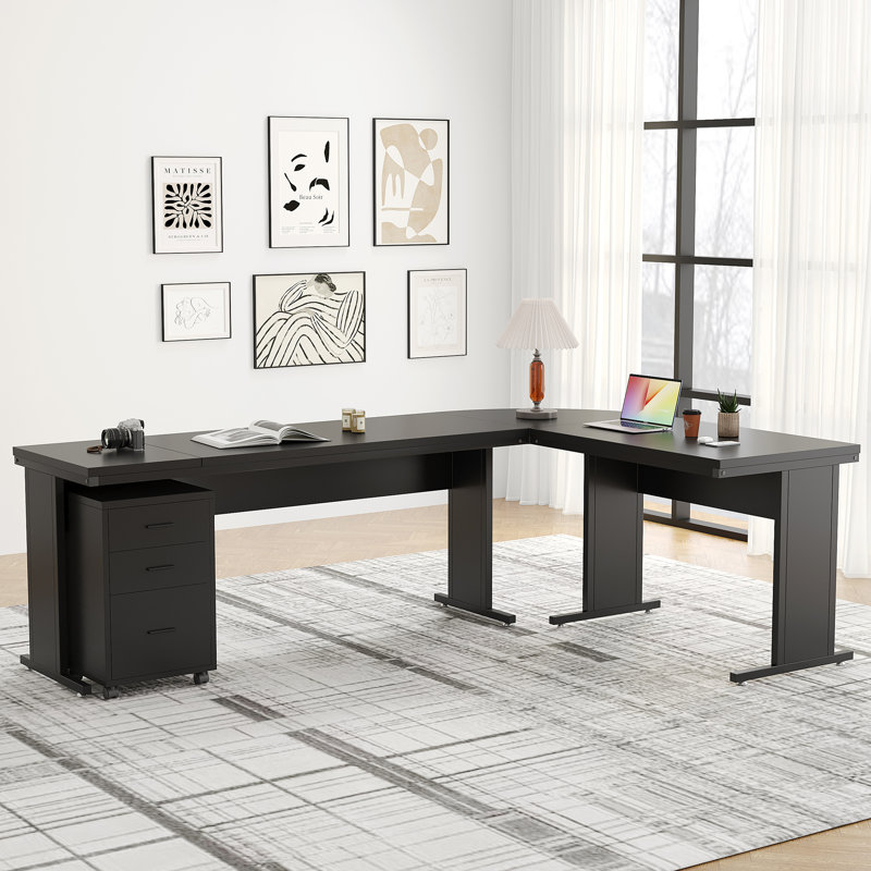 L-Shaped Executive Desk with 3-Drawer File Cabinet, Large Computer Desk for Home Office, Black