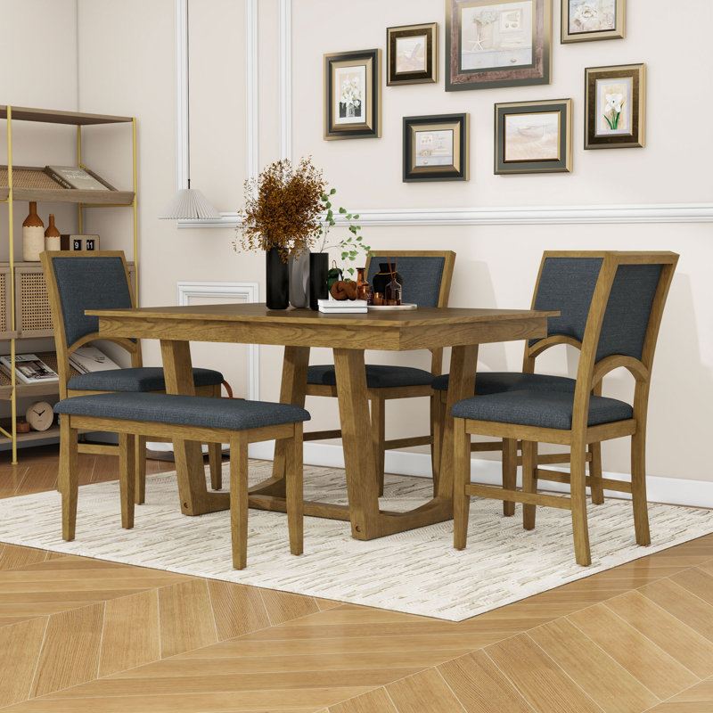 Ensemble de table de salle à manger extensible 6 pièces avec rallonge amovible, 4 chaises rembourrées et banc, Marron clair