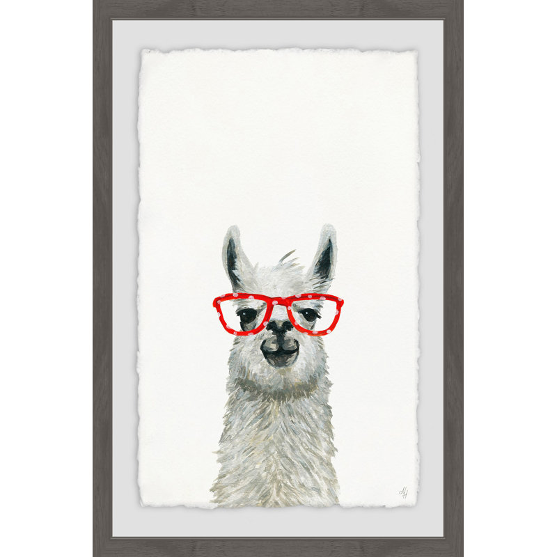 Red Trendy Llama - Painting, Brown Framed, 91cm H x 61cm W