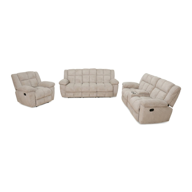 Ensemble de canapé inclinable intelligent en tissu à rayures blanc cassé avec meubles de salon 3 pièces, avec console de rangement, porte-gobelets et mécanisme d'inclinaison pour vous détendre et dormir