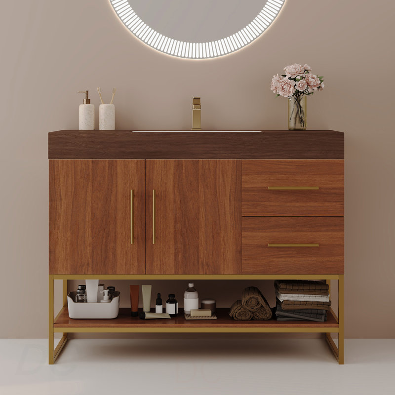 Meuble-lavabo moderne 36 po avec lavabo en céramique sans couture et armoire autoportante dorée