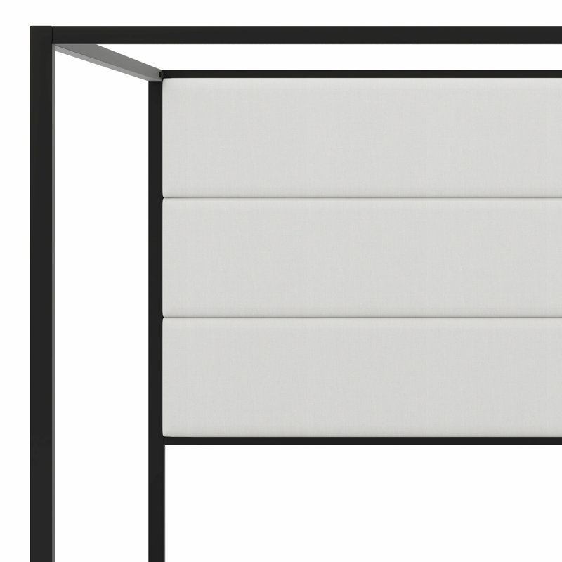 Lit à baldaquin en métal avec grande tête de lit tapissier en tissu, Noir / blanc