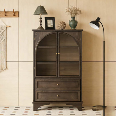 52.17"H Glass Door Display Case Storage Cabinet with 2 Drawers and Adjustable Shelf, Spacious Storage