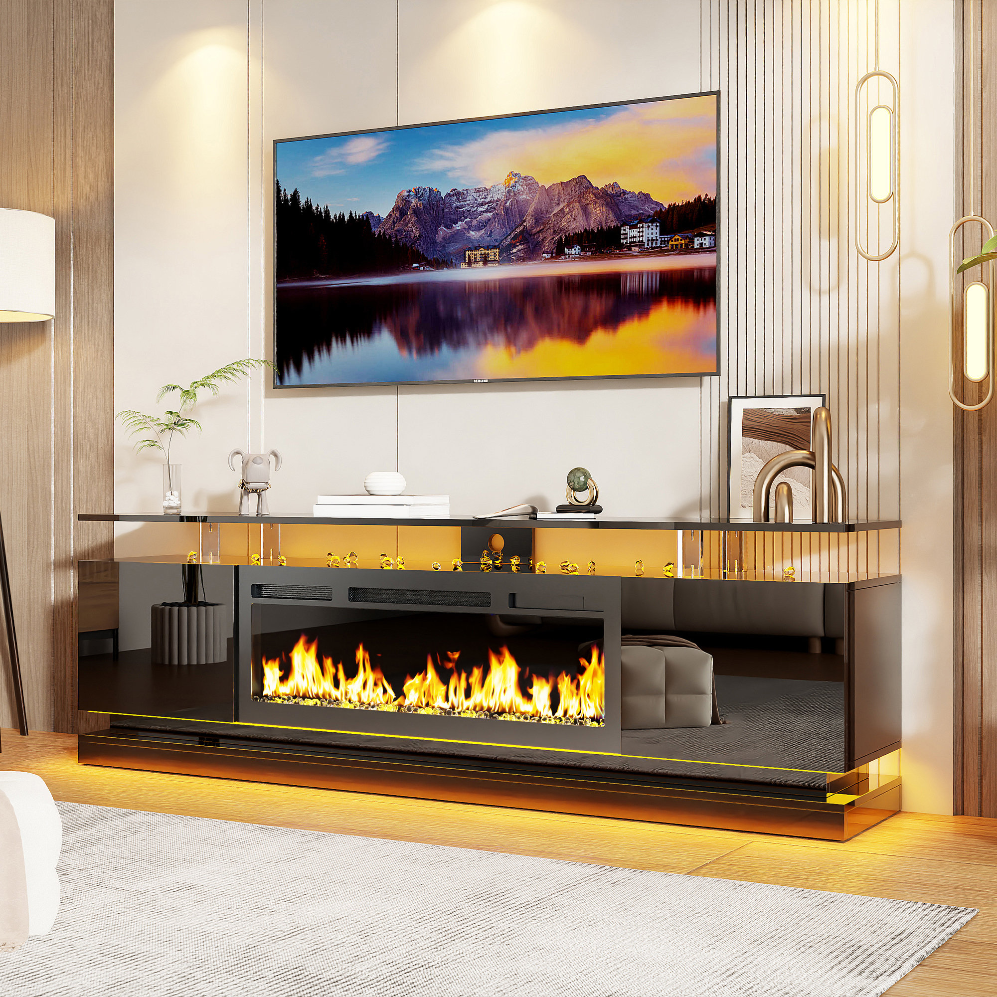 Modern White Entertainment Center with Electric Fireplace \u0026 LED for TVS Up to 80'', image size:2000x2000