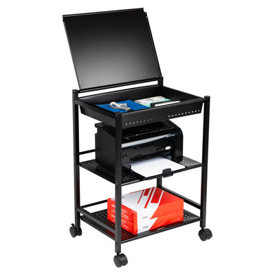  Chariot avec compartiment couvert, organisateur de bureau, rangement, 3 niveaux, bureau, métal, noir