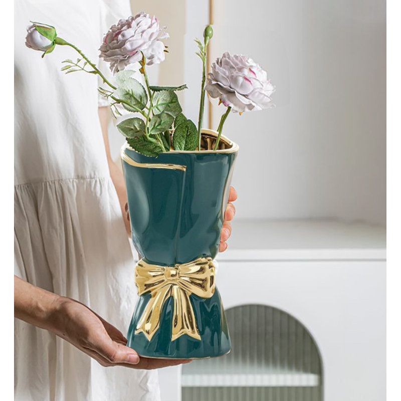Bow Vase, Flower Vases For Table Decor, Teal;Gold, 9.65"