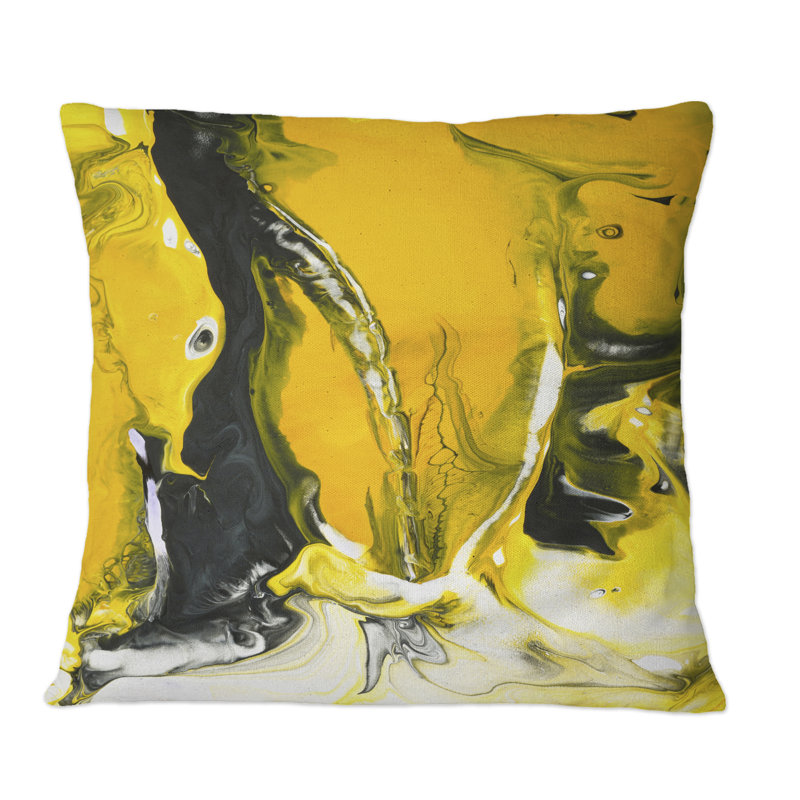 Jaune, jaune, noir, blanc, liquide, art, VII, moderne, imprimé, coussin décoratif, 18 po x 18 po