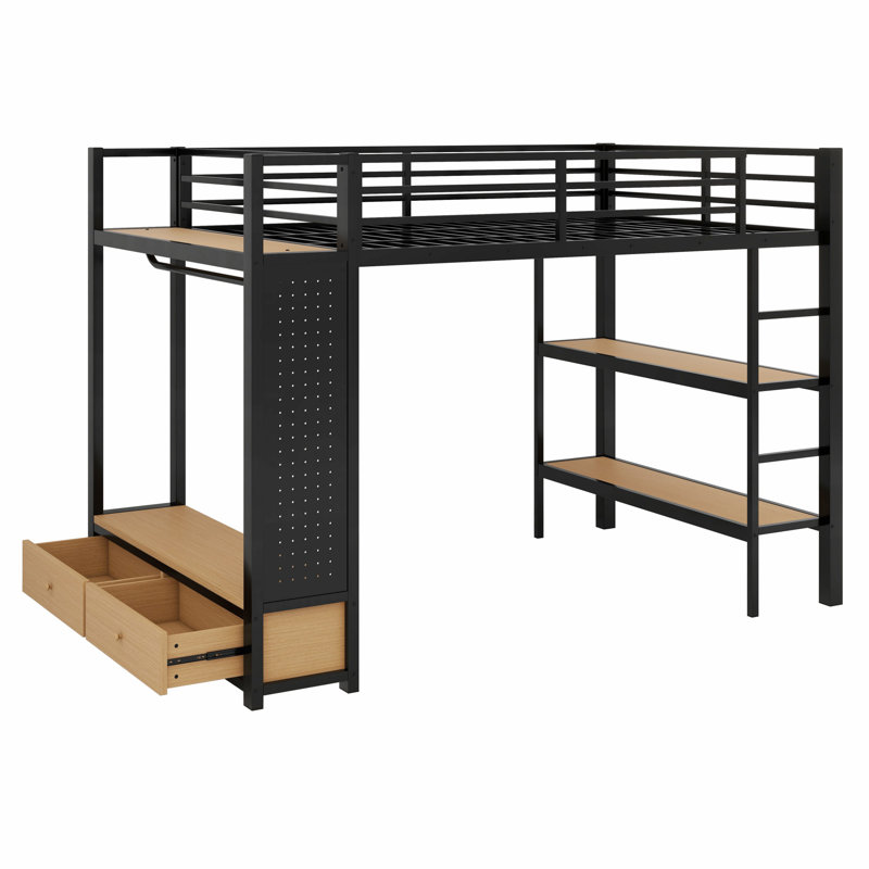 Lit mezzanine avec garde-robe, tablettes de rangement et panneau perforé, Lit double