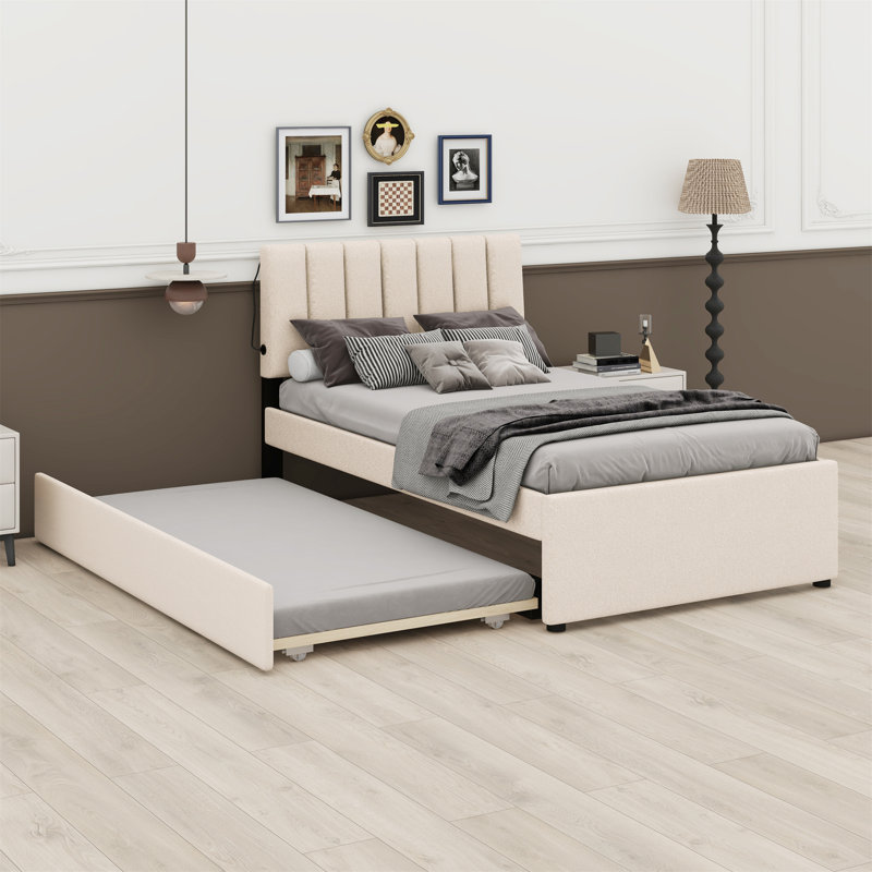 Lit plateforme tapissier avec lit gigogne, Beige
