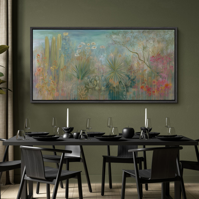 «Dreamy Desert Botanical Landscape with Cactus and Wildflowers», impression murale sur toile encadrée, 30" H x 60" W x 1.5" D