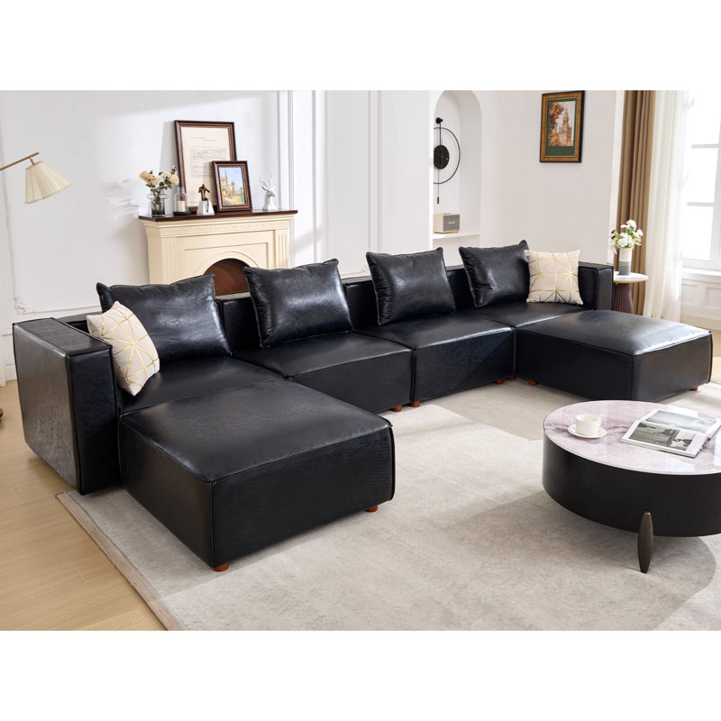 6-Piece 152.76” Leather Upholstered Sectional Sofa, Black