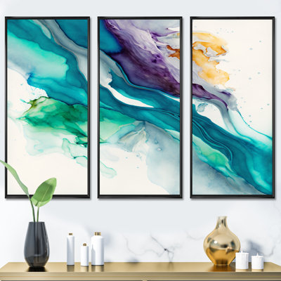 «Tropical Turquoise Joyfulness III», ensemble d'art mural abstrait à l'encre liquide
