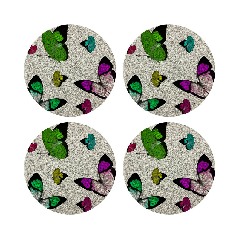 Butterflies Vegan Leather Round Pebble Placemat, Acid Green