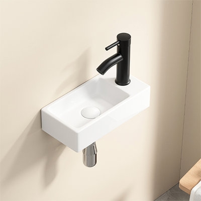 Wall Hung Rectangle Ceramic Wash Basin, Small Milk White American Traditional Cloakroom Sink, 14*7*3Inch, Left Hand, Single Tap Hole For Hand White, Bathroom