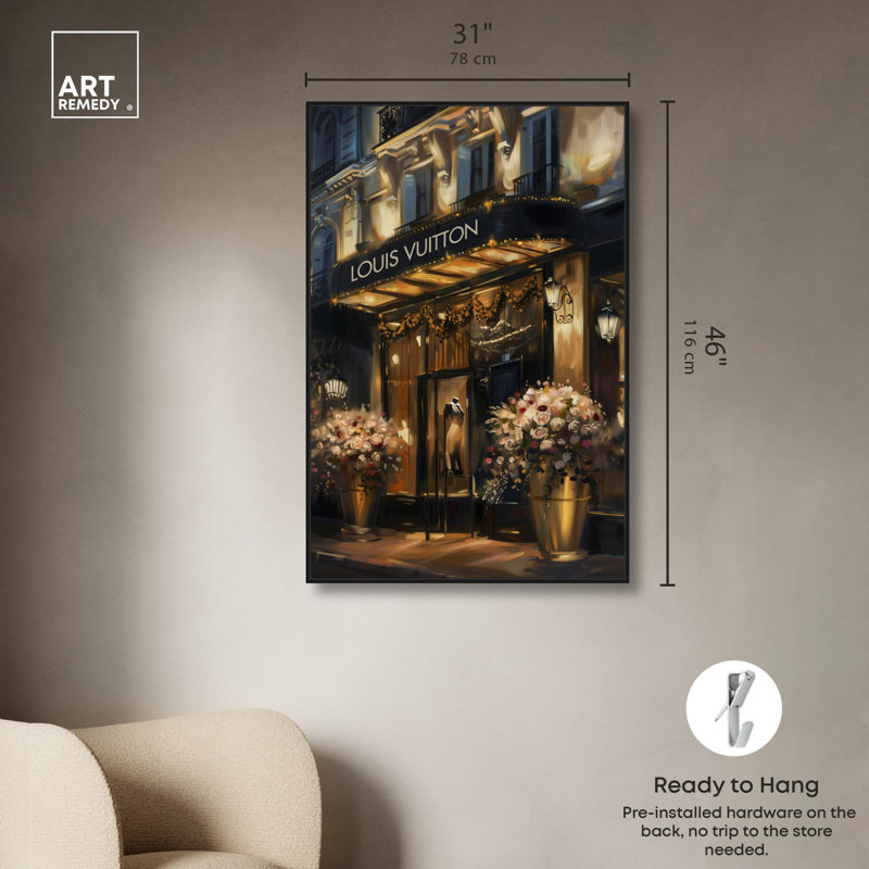 «Elegant Night Storefront» par Art Remedy, Noir, noir, noir, noir, Reproduction encadrée sans passe-partout