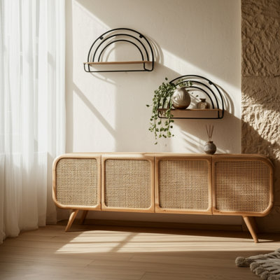 Erwan Boho Wall Storage Shelf Set - Wood & Metal Arched Design, Floating Shelves for Decorative Display, Minimalist Home Organizer - Set of 2