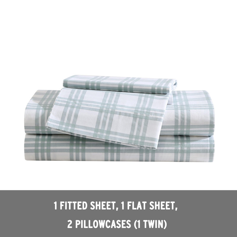 Queen White and Pale Green Plaid Cotton Percale Sheet Set