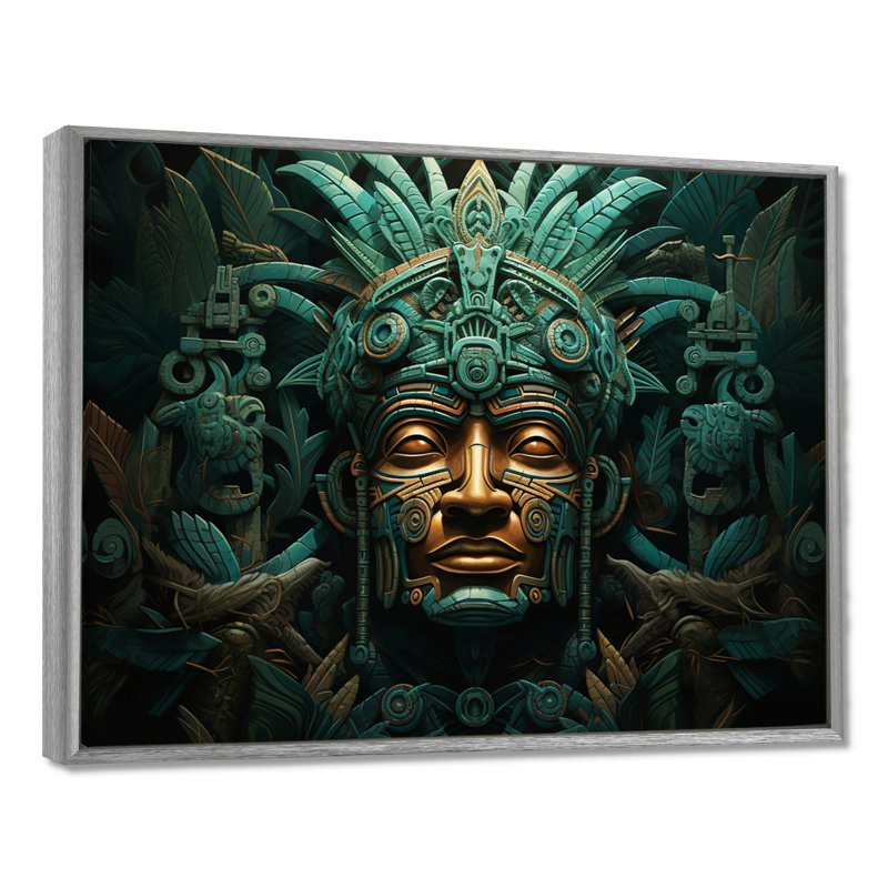 Maya Magic Aztec Mask I - Art mural mexicain, H 34 po x l 44 po x P 1,5 po, Encadrement argenté