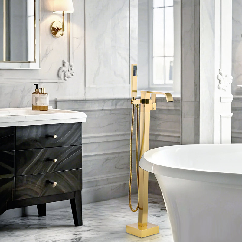 1 Handle Bathroom Freestanding Tub Filler with Diverter, Gold
