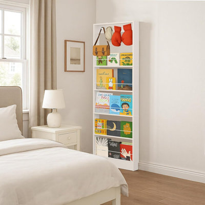 5-Tier Wall-Mounted Bookcase – Space-Saving Organizer For Toys And Storybooks With Hooks (White)