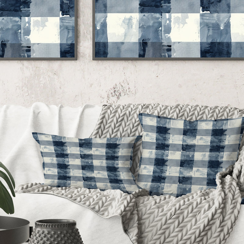 Gingham bleu et blanc - coussin décoratif moderne, H 16 po x l 16 po