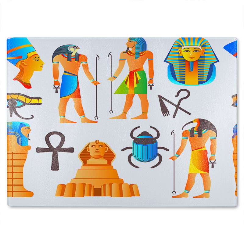 Egyptian Mythological Signs Glass Chopping Board, 40cm L x 28cm W