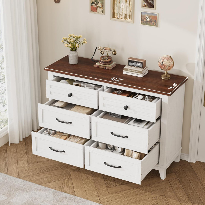 47" Ash White&Brown 6-Drawer Wooden Dresser, White/Brown