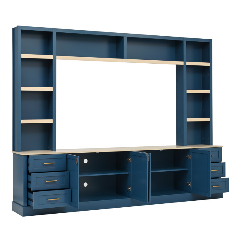 Entertainment Center With Bookshelves, 6 Drawers And 2 Cabinets, Navy Blue