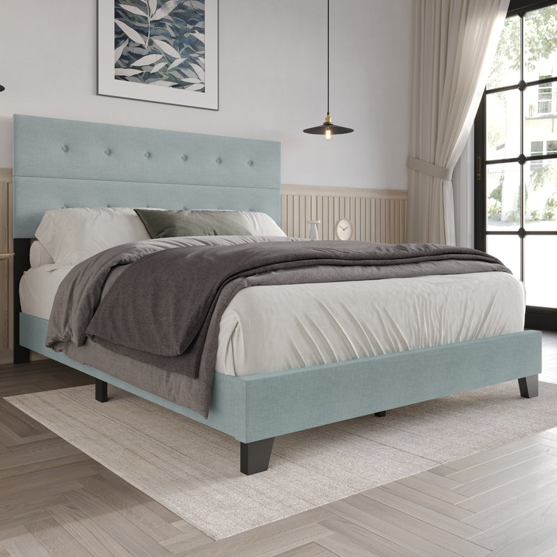 Lit tapissier standard non fini Sherlyne, Bleu clair, Très grand