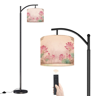 Arc Floor Lamp Pink Lotus Flowers Ornamental Frame Soft Pastel Floor Lamps with Remote LED Lights Adjustable Lamp Shades Tall Standing Lamps for Reading Office Living Room