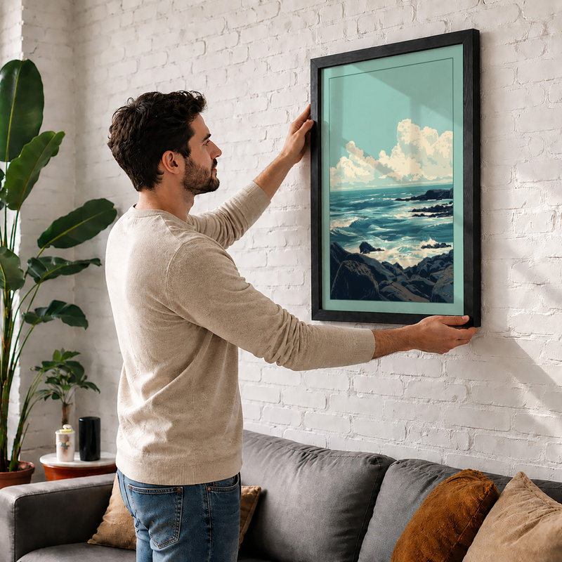 Rocky Coastline Coastal - Framed Print, A4 - 29.7 x 21.0 cm, Black