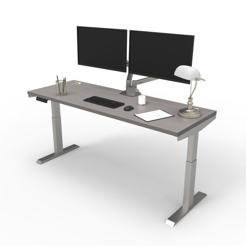 Skyscraper Electric Height Adjustable Standing Desk, Dual Motor and Digital Control with Memory, 60x24, Grey Strand Top with Brushed Silver Frame