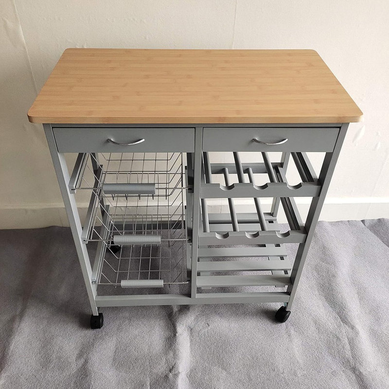 Kitchen Island Cart With Drawers, Lockable Wheels - Rolling Serving Utility Trolley - Mobile Countertop Open Shelf Storage Cabinet Basket For Dining Room, Coffee Bar (Grey)
