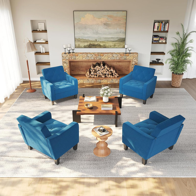 30" W Mid Century Upholstered Accent Chair, Blue Linen
