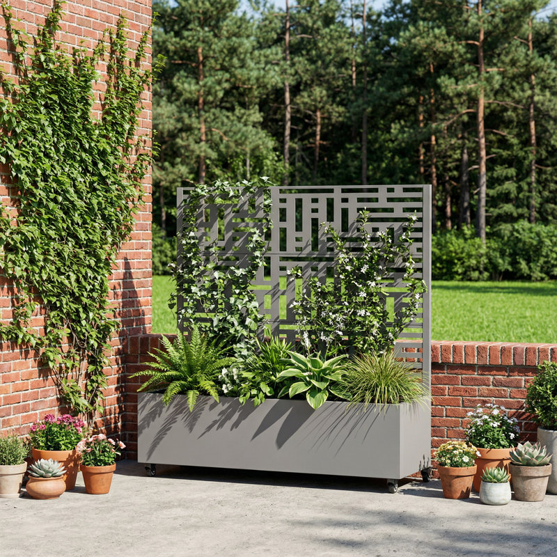 Boîte à fleurs d'extérieur individuelle en métal rectangulaire avec treillis pour plantes grimpantes, Gris