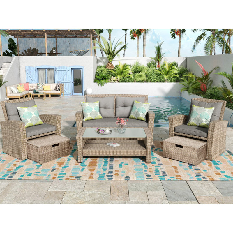 Rattan Sofa Seating Group with Cushions, 6 Pcs: Table,  Sofa,  2 Chairs, 2 Ottomans, Gray