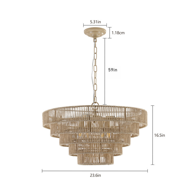 Lustre moderne moderne en corde de chanvre tissée à 5 couches, lumière Boho, Bois