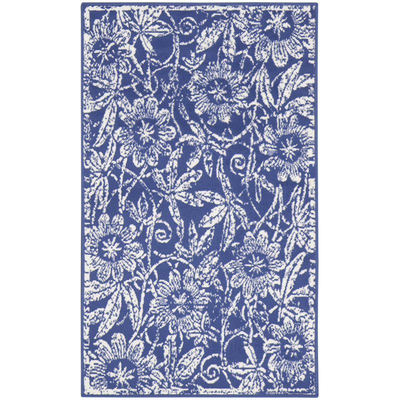 Tapis bleu marine en polypropylène tissé à la machine Yetty, Rectangle 3 pi x 5 pi