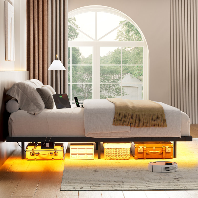Zoller Floating Bed Frame with LED & Charging Station, Modern Metal Platform Bed, No Box Spring Needed, Queen