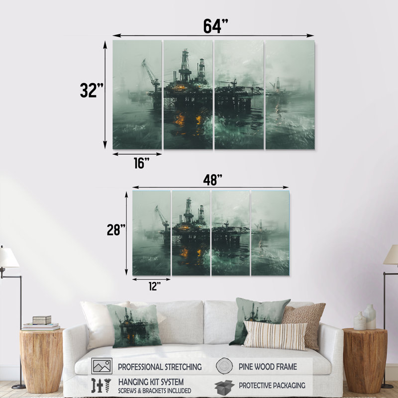 «Gray Green Winter Winter Drilling Dynamics Oil Rig II», ensemble d'art mural sur toile, H 28 po x l 48 po